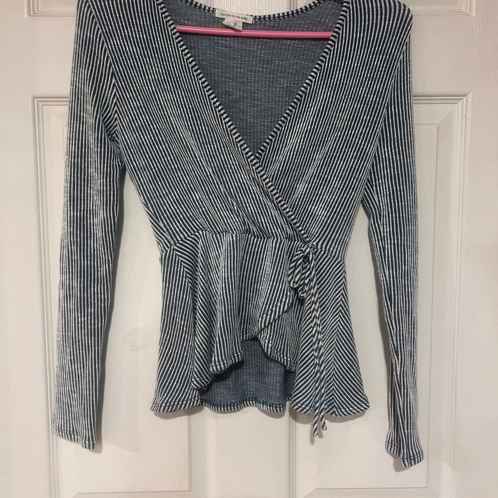 Caution To The Wind Navy and White Striped Wrap Top